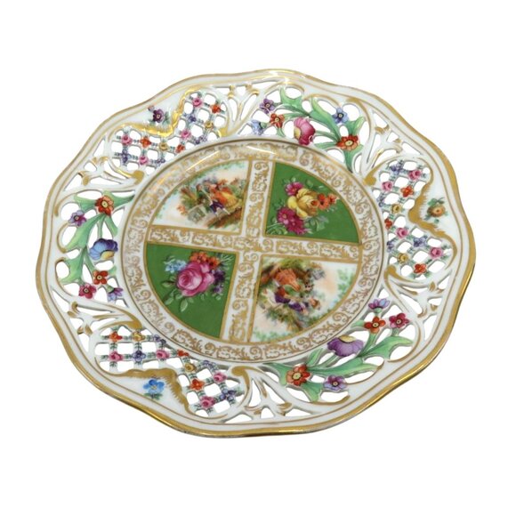 SCHUMANN BAVARIA Reticulated Green Quatrefoil Plate Courting Couple Germany Vint - Picture 9 of 10